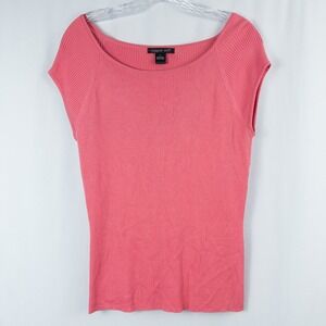 August Silk Ribbed Knit Silk Blend Cap Sleeve Top Large Pink Stretch Y2K Preppy